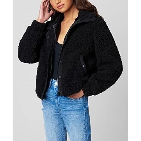 Blank NYC Jacket Black High Collar Sherpa SOFT Button Snap - Picture 5 of 11